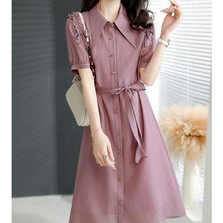 Ruffle Trim Midi A-line Shirt Dress