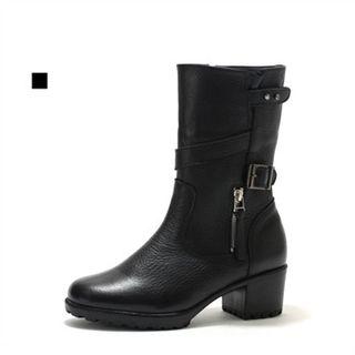 Genuine Leather Buckled-trim Boots