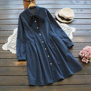 Dotted Tie-neck A-line Shirtdress