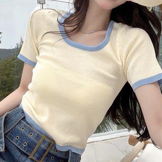 Short-sleeve Contrast Trim Top Light Yellow - One Size