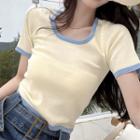 Short-sleeve Contrast Trim Top Light Yellow - One Size