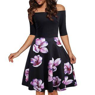 Floral Panel Off-shoulder Elbow-sleeve Dress