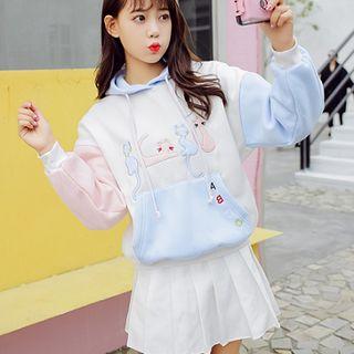 Paneled Cat Embroidered Hoodie