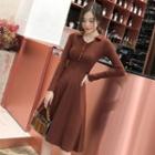 Long-sleeve Collared Mini A-line Knit Dress