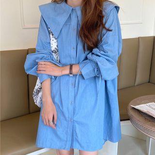 Long-sleeve Sailor-collar Button-up Denim Mini Dress