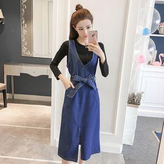 Tie-waist Midi Denim Pinafore Dress
