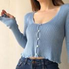 U-neck Plain Ruffle Long-sleeve Cardigan