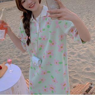 Long-sleeve Floral Print Top / Elbow-sleeve Mini Dress