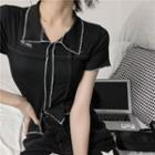 Short-sleeve Contrast Stitching Top Black - One Size