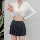 Set: Long-sleeve Twist Swim Top + Bottom + Coverup Skirt