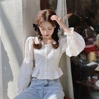 Square-neck Plain Cropped Blouse White - One Size