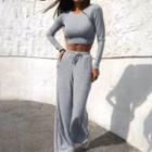Set: Long Sleeve Ribbed Top + Loose-fit Sweatpants
