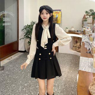 Ribbon Tie-neck Blouse / Pleated Mini A-line Skirt / Vest