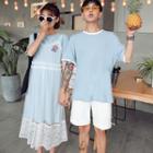 Couple Matching Short-sleeve Lettering T-shirt / Shorts / Set: Short-sleeve T-shirt Dress + Strappy Lace Dress