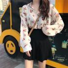 Floral Long-sleeve Blouse / Mini A-line Pleated Skirt