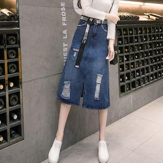 Distressed A-line Midi Denim Skirt With Belt