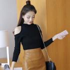 Set: Cold Shoulder Long-sleeve Knit Top + Faux Leather Mini Skirt