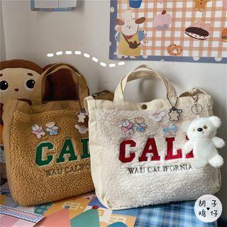 Faux Shearling Letter Embroidered Tote Bag