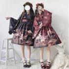 Printed Long-sleeve A-line Dress / Hair Clip / Set