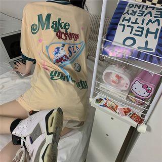 Elbow-sleeve Graphic Print T-shirt Graphic Print - Almond - One Size