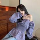Check Off-shoulder Puff-sleeve Blouse Purple - One Size