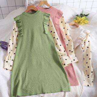 Mock Two-piece Polka Dot Long-sleeve Dress