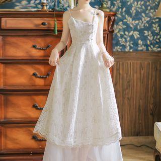 Set: Puff-sleeve Floral Print Cheongsam Top + Midi A-line Skirt