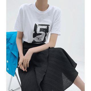 Letter Print Faux-pearl Trim T-shirt