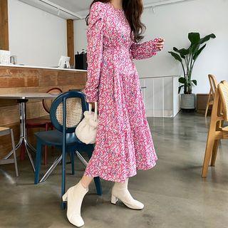 Puff-sleeve Floral Long Tiered Dress With Sash