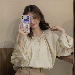 Long Sleeve Round Neck Button-up Top