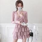 Long-sleeve Mini Tiered Knit Dress Pink - One Size