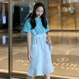 Short-sleeve Striped T-shirt / Frill Trim A-line Suspender Skirt / Cropped Suspender Pants