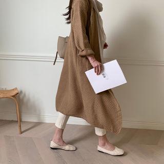 Lapelled Waffle-knit Long Cardigan