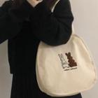 Rabbit Embroidered Canvas Tote Bag Beige - One Size