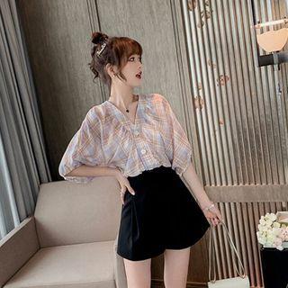 Set: Plaid Puff-sleeve Blouse + High-waist Shorts