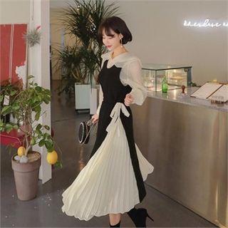 Chiffon-panel Knit Midi Pinafore Dress Black - One Size