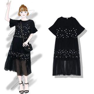 Set: Elbow-sleeve T-shirt Dress + Spaghetti Strap Patterned Mesh Midi Dress As Shown In Figure - One Size