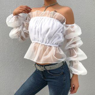 Off-shoulder Ruffled Mesh Blouse
