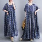 Short-sleeve Patterned Maxi Smock Dress Stripe - Blue - One Size