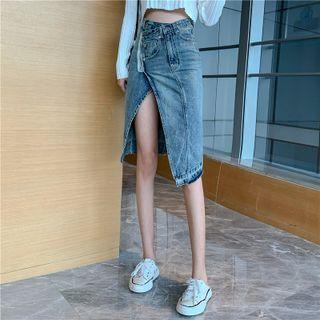 Asymmetrical Slit-side Denim Skirt