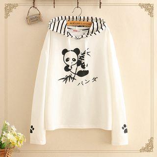 Striped Hood Panda Print Long-sleeve Sweater