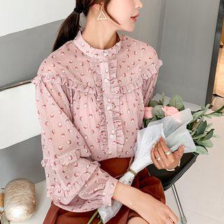 Floral Frill Trim Long-sleeve Chiffon Blouse