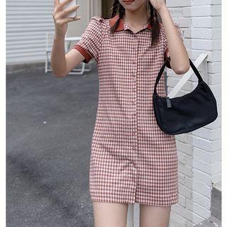 Short-sleeve Gingham Button-up Mini Dress