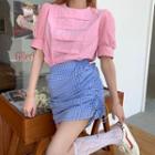 Short-sleeve Plain Top / Plaid Mini Skirt