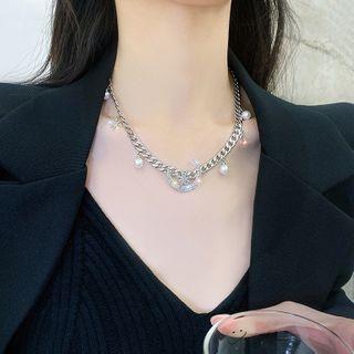 Moon Rhinestone Faux Pearl Alloy Choker 1 Pc - Silver - One Size