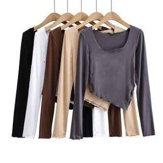 Plain Long Sleeve Irregular Cropped T-shirt