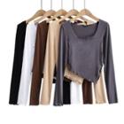 Plain Long Sleeve Irregular Cropped T-shirt