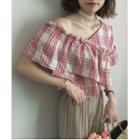 Short-sleeve Plaid V-neck Top