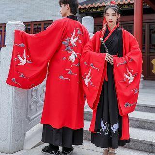 Set: Crane Embroidered Hanfu Top + Maxi Skirt / Crane Embroidered Hanfu Long Light Jacket
