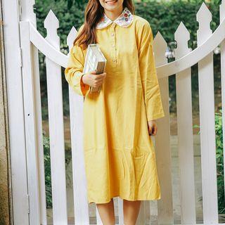 Long-sleeve Embroidered Midi Collared Dress